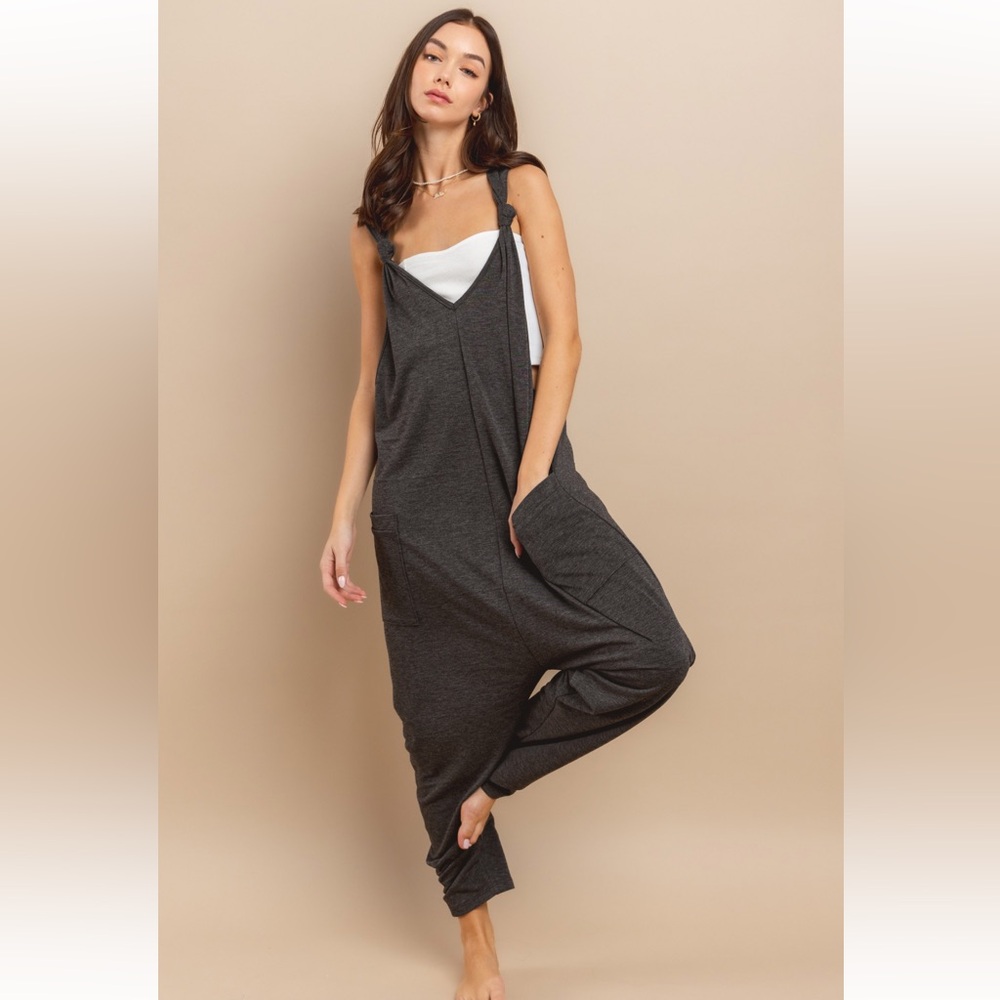 36 Solid Banded Straps Ribbed Harem Jumpsuit
